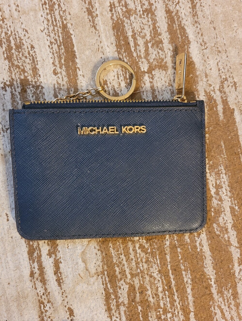 Michael Kors Navy Saffiano Leather Zip Card Holder with Key Ring